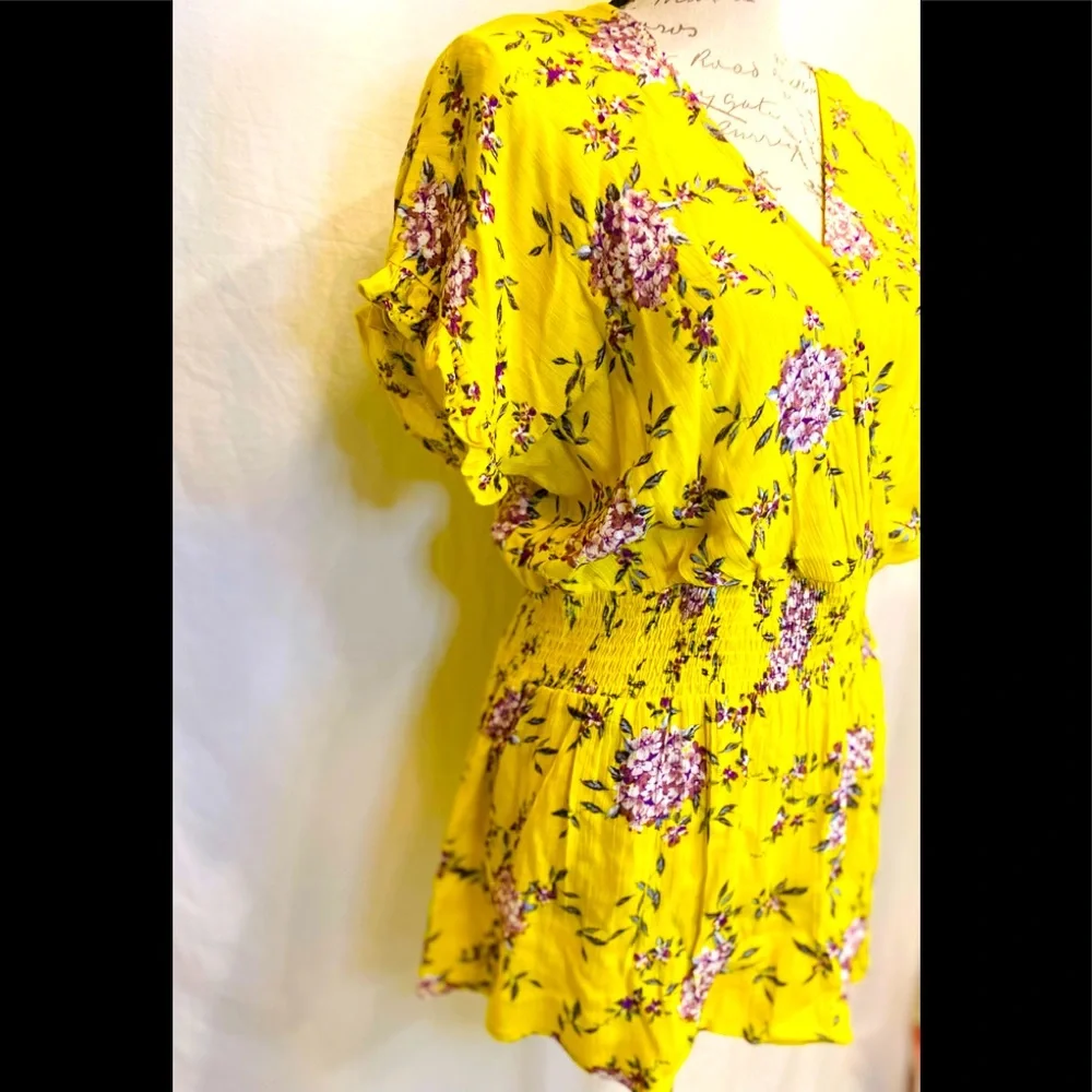 Staccato Yellow Surplice Smocked Waist Floral Print Blouse - Picture 5 of 16